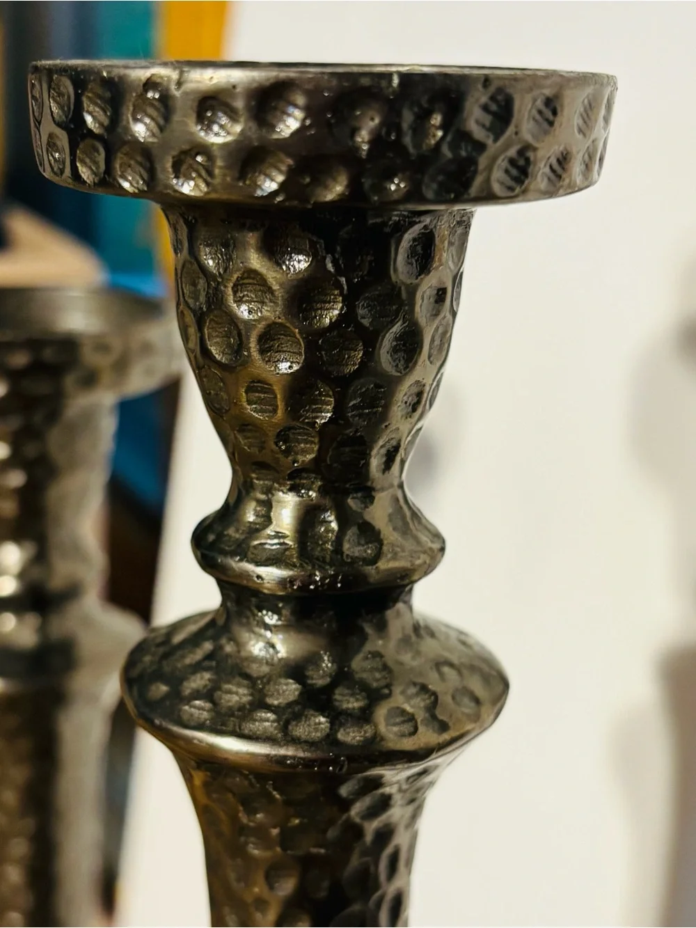 Vintage Pottery Barn Seville Hammered Bronze Black Tapered Candlestick Pair